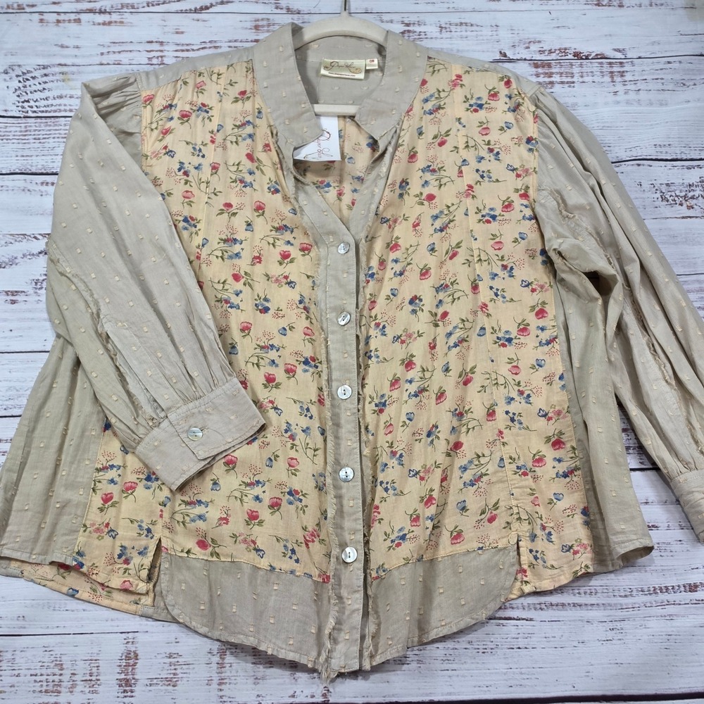 Paper Lace Button Down Shirt Womens OS Beige NWT Floral Swiss Dot Mixed Media